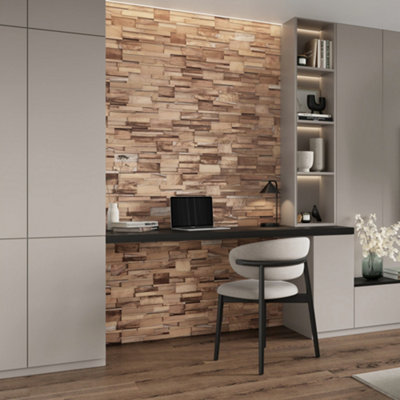 B&Q -  Wallsupply Ultrawood Ferrano Solid Teak Wood PanelsWall Cladding 3D Interlocking Tiles10Pcs 0.9M²