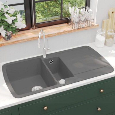 B&Q -  Granite Kitchen Sink Double Basin Grey Kitchen Sinks