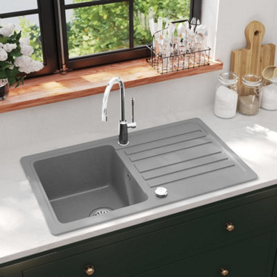 B&Q -  Granite Kitchen Sink Single Basin With Drainer Reversible Grey