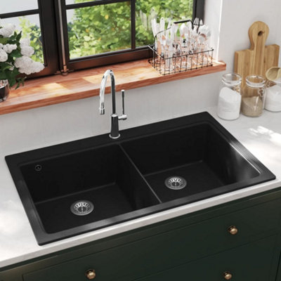 Vidaxl Overmount Kitchen Sink Double Basin Granite Black Plumbing Fixture 8718475941439 - Image 4