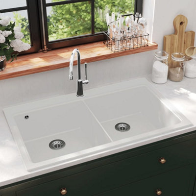 B&Q -  Overmount Kitchen Sink Double Basin Granite White - Image 4