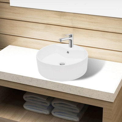 Vidaxl White Ceramic Bathroom Sink Basin Faucet/Overflow Hole Round Basins