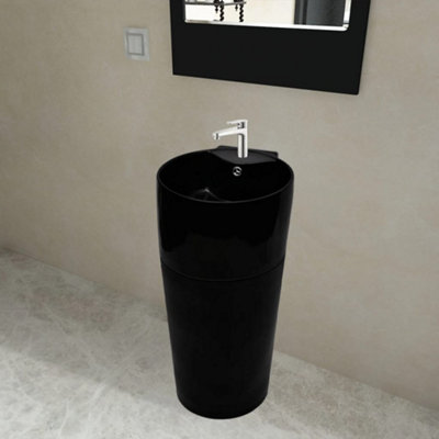 Vidaxl Ceramic Stand Bathroom Sink Basin Faucet/Overflow Hole Black Round Bath - Image 3