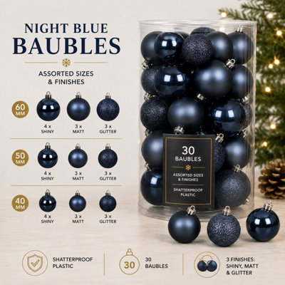 Decoris Assorted Christmas Xmas Shatterproof Baubles, 30 Pack - Night Blue - Image 5