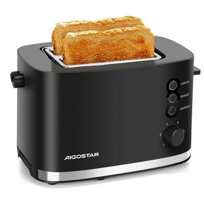 Aigostar Toaster 2 Slice 1.5" Wide Slot, 800W Black Toaster With Warming Rack