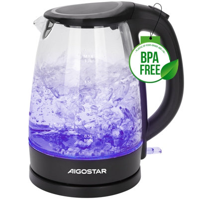 Aigostar Adam 30Khh Glass Electric Kettle, 2200W Fast Boil, 1.7L Bpa-Free Water Boiler Black