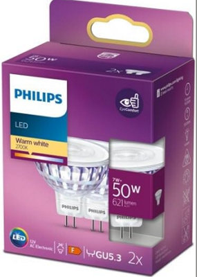 Philips Lighting Philips 7W Equivalent To 50W 2Pin Gu5.3 Led Mr16 Not Dimmable 2 Pack from B&Q