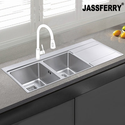 Jassferry Kitchen Sink 1.2 mm Stainless Steel 2.0 Bowl Righthand Drainer Square Strainer -699L from B&Q
