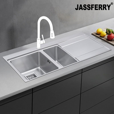 Jassferry Kitchen Sink 1.2 mm Stainless Steel 1.5 Bowl Righthand Drainer Square Strainer -698L from B&Q