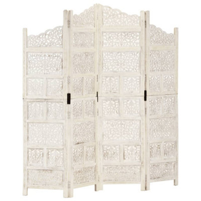 B&Q -  Hand Carved 4-Panel Room Divider White 160X165 Cm Solid Mango Wood Room Dividers