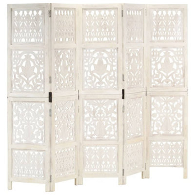 Vidaxl Solid Mango Wood Hand Carved 5-Panel Room Divider White 200Cm Screen - Image 3