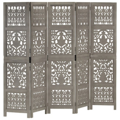 B&Q -  Hand Carved 5-Panel Room Divider Grey 200X165 Cm Solid Mango Wood Room Dividers - Image 3