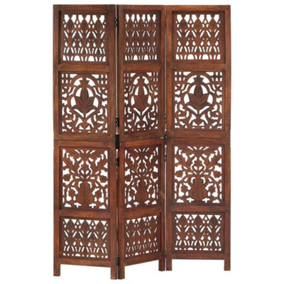 B&Q -  Hand Carved 3-Panel Room Divider Brown 120X165 Cm Solid Mango Wood Room Dividers