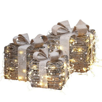 Urbn-Living Urbnliving Set Of 3 Light Up Christmas Present Rattan Led Parcel Box Gift Tree Decorations from B&Q