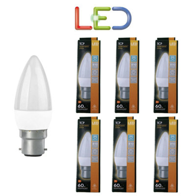 6 X Tcp Candle Led Light Bulb Warm White 7.5W Bc B22 Long Life Equiv 60W 2700K from B&Q