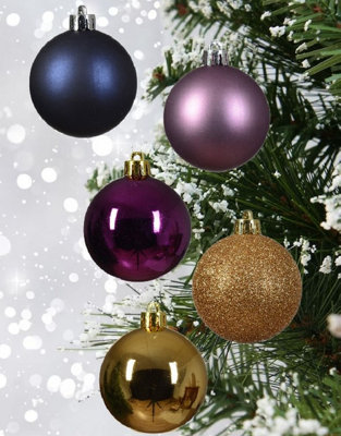 Decoris 30 Assorted Christmas Baubles Purple Night Blue Glitter Gold Mix 60mm from B&Q