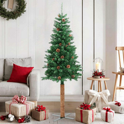 Vidaxl Slim Christmas Tree With Real Wood And Cones Green 150 Cm Pvc from B&Q