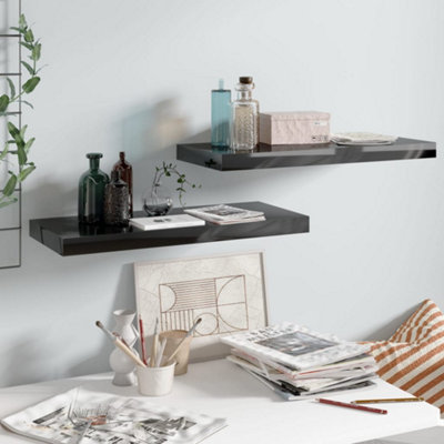 B&Q -  Floating Wall Shelves 2 Pcs High Gloss Black 60X23.5X3.8 Cm Mdf