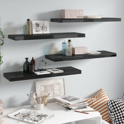 B&Q -  Floating Wall Shelves 4 Pcs High Gloss Black 80X23.5X3.8 Cm Mdf