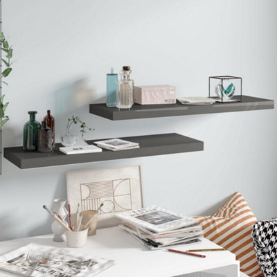 B&Q -  Floating Wall Shelves 2 Pcs High Gloss Grey 80X23.5X3.8 Cm Mdf