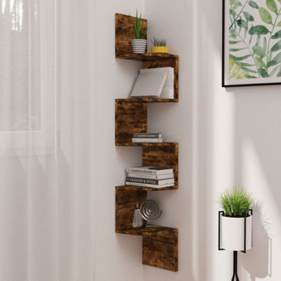 B&Q -  Wall Corner Shelf Smoked Oak 19X19X123 Cm Engineered Wood