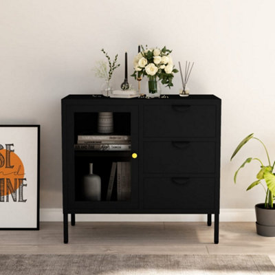 B&Q -  Sideboard Black 75X35X70 Cm Steel And Tempered Glass