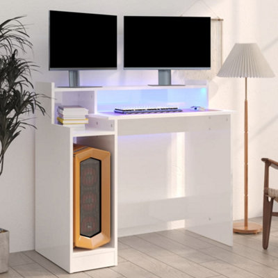Vidaxl Desk With Led Lights High Gloss 97X45x90 Cm Engineered Wood White