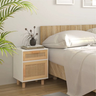 B&Q -  Bedside Cabinet White Solid Wood Pine And Natural Rattan