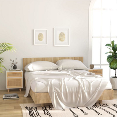 B&Q -  Bedside Cabinets 2 Pcs White Solid Wood Pine And Natural Rattan