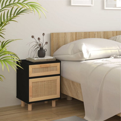 Vidaxl Bedside Cabinet Solid Wood Pine And Natural Rattan Black