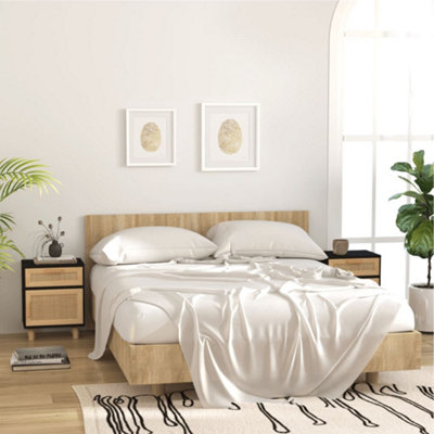 B&Q -  Bedside Cabinets 2 Pcs Black Solid Wood Pine And Natural Rattan