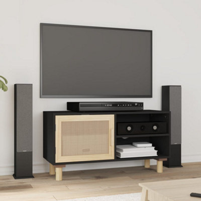 Vidaxl Tv Cabinet 80X30x40 Cm Solid Wood Pine And Natural Rattan Black