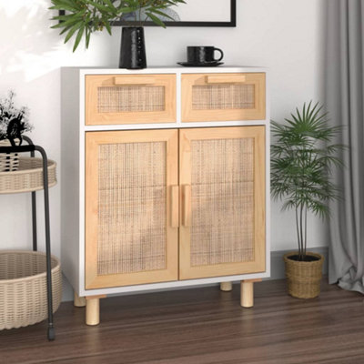 B&Q -  Sideboard White 60X30X75 Cm Solid Wood Pine And Natural Rattan