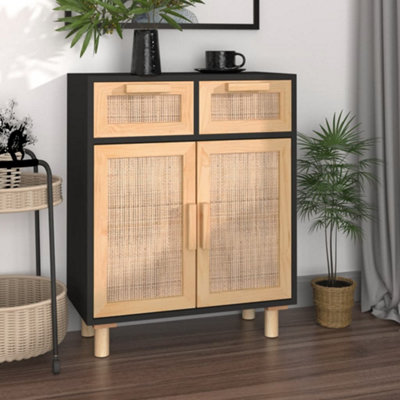 Vidaxl Sideboard Black 60X30X75 Cm Solid Wood Pine And Natural Rattan from B&Q