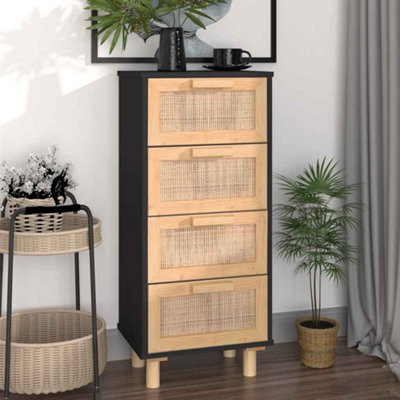B&Q -  Sideboard Black 40X30X90 Cm Solid Wood Pine And Natural Rattan