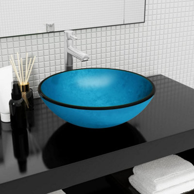 vidaXL Blue Tempered Glass Round Wash Basin 140 x 420mm - Image 5