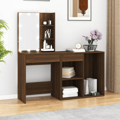 Vidaxl Brown Led Dressing Table With Cabinet Oak Engineered Wood