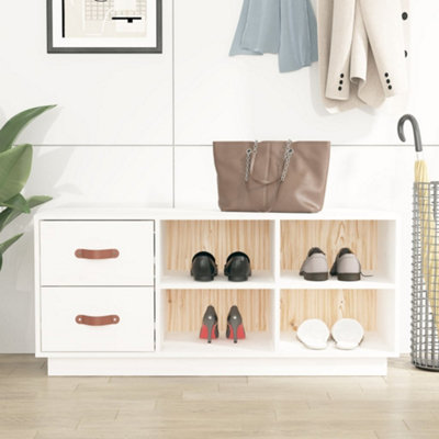 vidaXL Shoe Bench White 100x34x45 cm Solid Pine Wood - 2 Drawers & 4 Compartments - Entryway Storage - Image 3