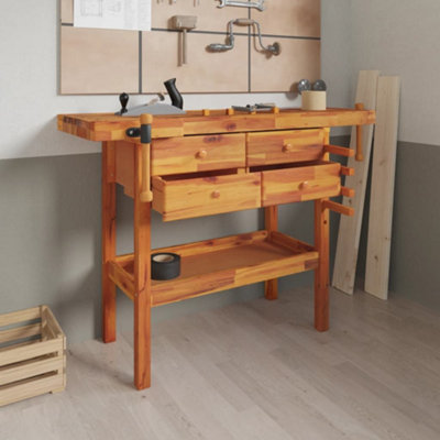 B&Q -  Workbench With Drawers And Vices 124X52X83 Cm Solid Wood Acacia Workbenches