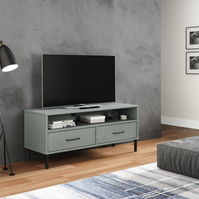 B&Q -  Tv Cabinet With Metal Legs Grey Solid Wood Pine Oslo