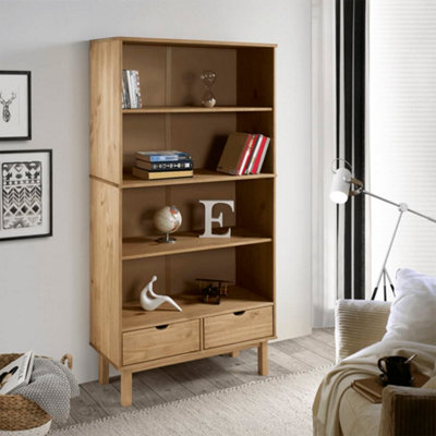 vidaXL Solid Pine Wood Bookcase - 2 Drawer 4 Shelf - Brown - 180 x 88 x 35cm - Image 4
