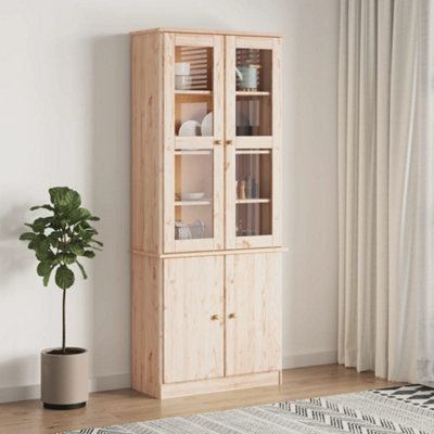 Vidaxl (Brown) Glass Display Cabinet Bookcase Kitchen Cupboard Alta Solid Wood Pine - Image 3