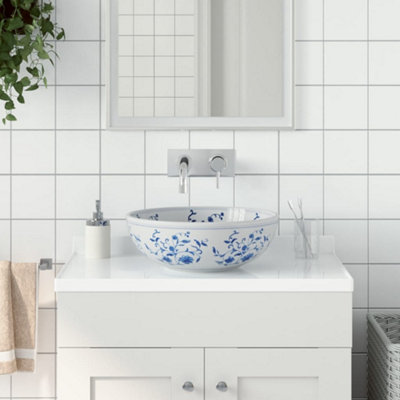 B&Q -  Countertop Basin White And Blue Round 41X14 Cm Ceramic
