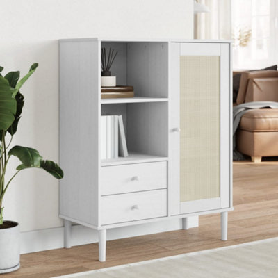 B&Q -  Highboard Senja Rattan Look White 90X40X112 Cm Solid Wood Pine