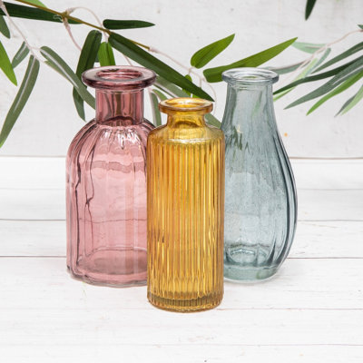Annibells Set 3 Grey Pink Amber Vintage Ribbed Glass Bottles (11869)