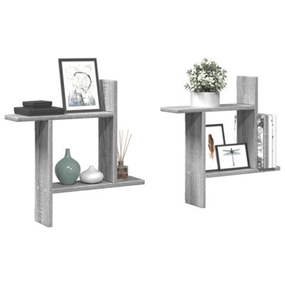 vidaXL Set of 2 3 Shelf Floating Wall Shelf - Grey - Image 3