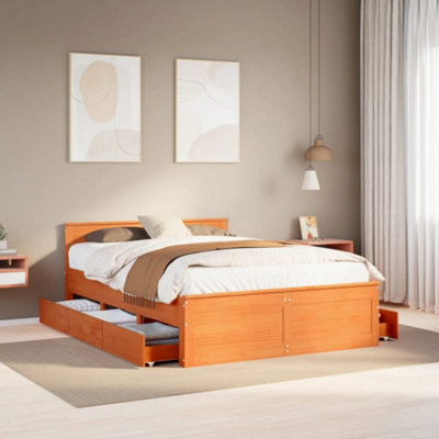 VidaXL Solid Pine Wood Bed Frame - Brown - 140x200 cm - Headboard & Drawers - Image 3