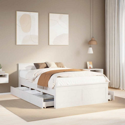 VidaXL Solid Wood Pine Bed Frame - White - 135x190 cm Double - Headboard - Storage Drawers - Image 3