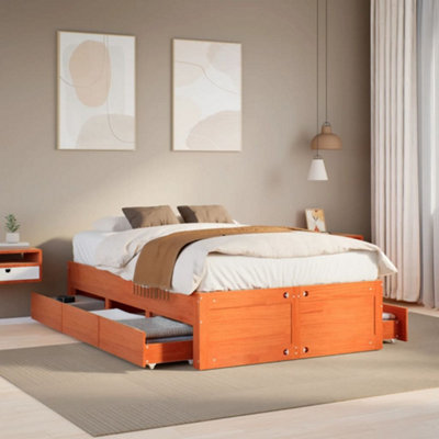 Vidaxl Bed Frame Without Mattress With Drawers Wax Brown 135X190 Cm Double Solid Wood Pine from B&Q