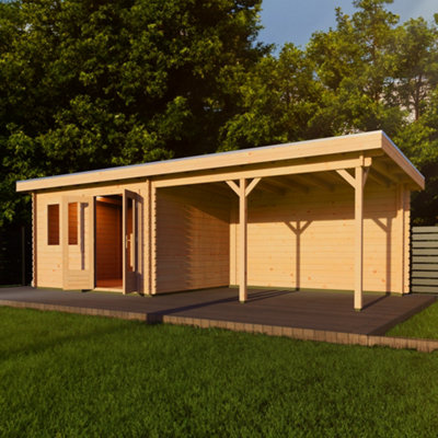 Lugarde Woodpro Premium Canterbury Log Cabin - 7.45M X 3M - Double Glazed Pent Roof With Veranda